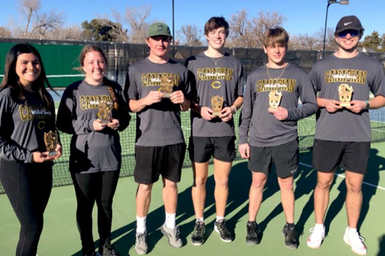 Displaying their awards from the Canadian High School Tennis Tournament last Thursday are CHS boys-doubles and mixed-doubles players (left to right) Leslie Villa, Peyton Dockray, Hayze Hufstedler, Josh Culwell, Everett Hadaway, and Reagan Cochran