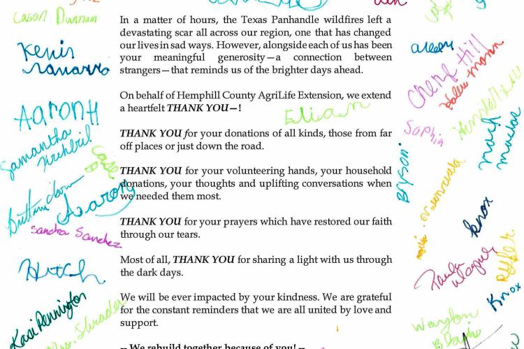 A thank you letter from the wildfire relief task force to donors and volunteers