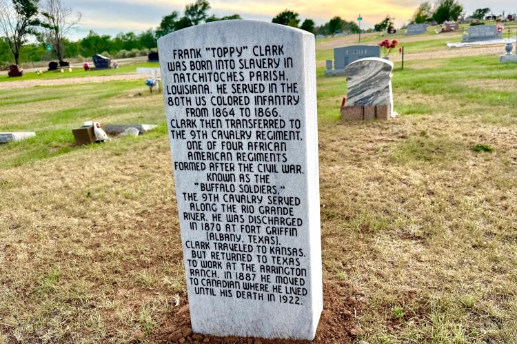 The engraved tribute to Frank "Toppy" Clark's new headstone