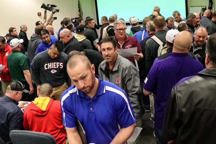 This was the chaotic scene Monday at the Region 16 Service Center in Amarillo, where UIL officials announced the official reclassification and realignment assignments for the next two school years.