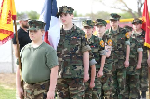 The Buffalo Wallow Chapter of the Young Marines conducted flag ceremonies during Monday evening’s tribute to the late Larry Dunnam, and opening ceremonies of the 2022 baseball season. Chapter members are Aaron Henderson, Ryan and Hudson Purcell, Eli Dial, Micah Monty, Nathanael Page, Trenton Oatman, and Eric Wilson, and their leaders, Jacob Purcell, Justin Dial, and Max Monty.
