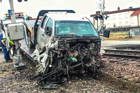 The driver of this GMC pickup got lucky Thursday morning, when he accelerated into a lowered crossing arm and struck the side of a passing train. The pickup was not so lucky. Law enforcement officials were unsure what had caused the accident, but cited Capetillo with disregarding a railroad crossing signal. 