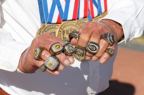 Dell Krehbiel shows off his state championship rings, and makes a wager