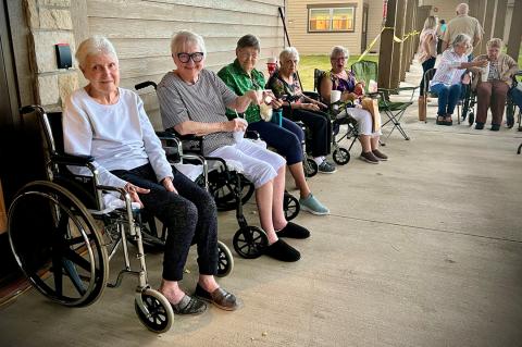 Among those enjoying music and visiting Saturday evening, under the covered walkway at Mesa View Senior Living, were Joyce Cross, Gail Waterfield, Sue Batchelor, Eva Timmons, Sherry Timmons, Cathy Ricketts, and Gaydean Bucher