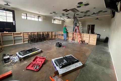 Inside the Stumblin' Goat, work is underway on what will be the Smash Mouth Factor Club, where arrival of a new top-of-the-line golf simulator is just around the corner.