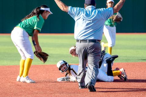 In their two-game playoff series versus Idalou, the Lady Cats showed spunk in spite of the lopsided score with plays like this one, in which Miranda Nunez (#36) is ruled safe at second base.