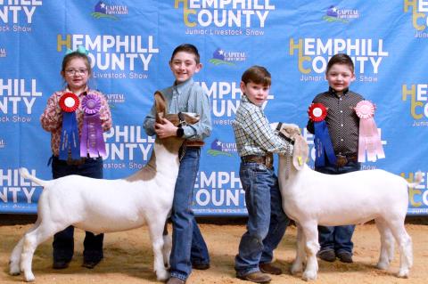 Lucas LeFever (second from left) shows his Grand and Reserve Grand goats with assistance from Charlie LeFever, Corbin Bentley, and Bryce LeFever