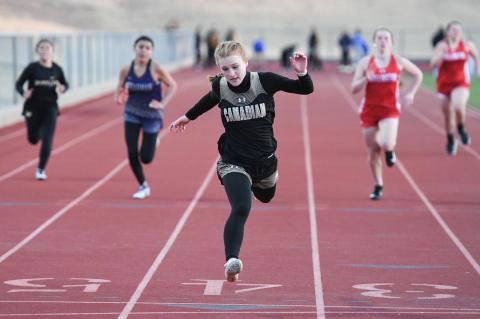 Samantha Krehbiel leads the field in the 100-meter dash