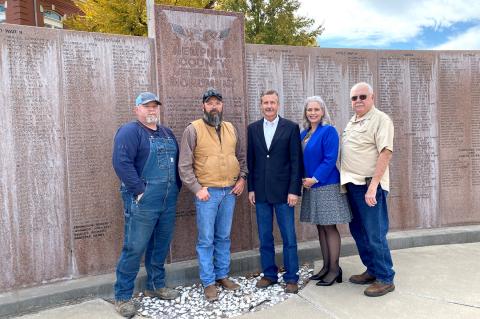 Members of American Legion Post 56 survey the Veteran's Monument: Jason Bradford, Tommy Wyatt, Judge George Briant, Wendy Wright, and John McGarr