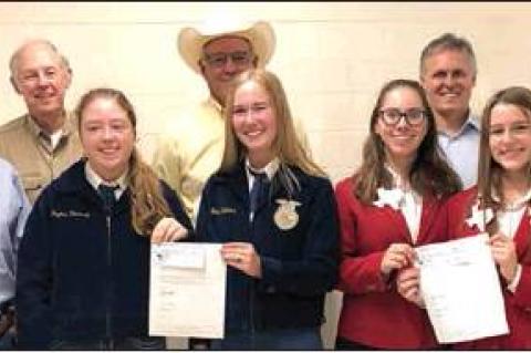 Presentation at Canadian High School: (back row, left to right) FFA Advisor Tonny Hamby, Gary Sutherland, George Clift, Salem Abraham, and FCCLA Advisor Paige Culwell; (front row) FFA’ers, Peyton Dockray and Emma Waters, and FCCLA’ers Allison Culwell and Lily Smith.