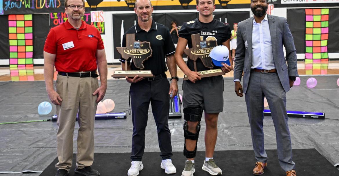 Canadian High School junior quarterback Weston Mitchell was presented with the 2026 Week 1 Class 3A Built Ford Tough Texas High School Football Player of the Week award during Friday’s pep rally. Pictured from left are Parkway Ford Service Director Mike Lane, Canadian High School Head Coach Andy Cavalier, Weston Mitchell, and Parkway Ford General Manager Desmond Stirgus. 